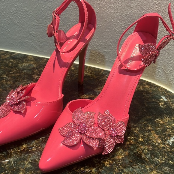 Azalea Wang Pink ankle strap stiletto heel glitter floral  Sz 9 EUC - Picture 2 of 8